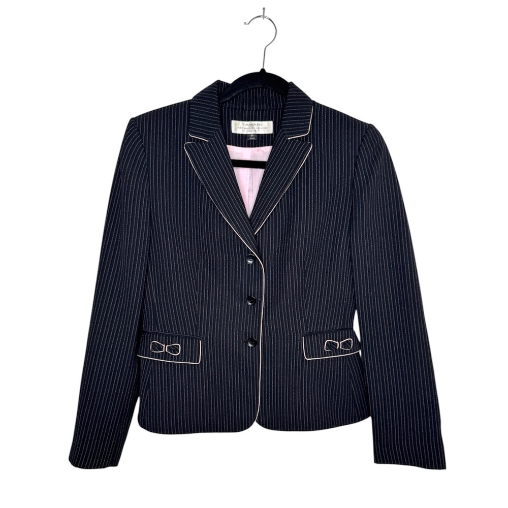 Tahari womens 6P stripes bow crop blazer black pink y2k coquette romantic preppy